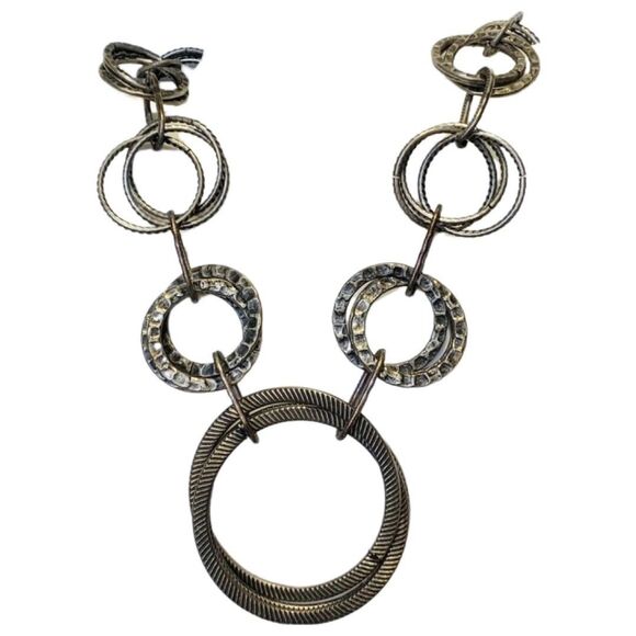 Silver Tone Circle Statement Necklace 26" Gunmetal Chain Link Boho Heavy - Picture 7 of 10